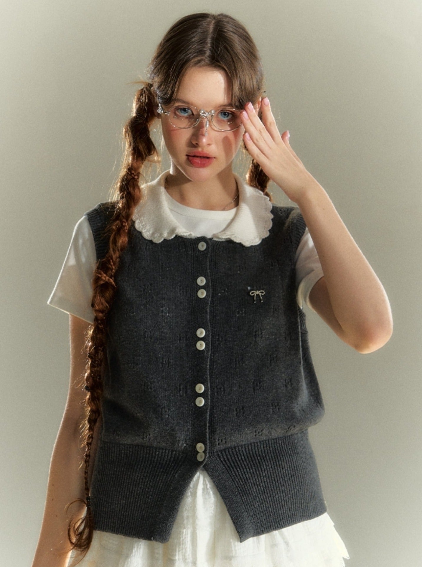 College Doll Neck Knitted Sweater Vest Top