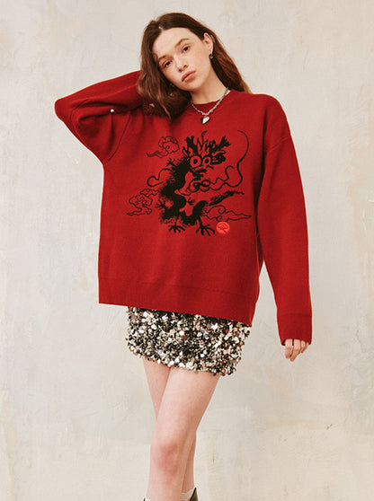 Dragon Loose Long Sleeve Knit Sweater