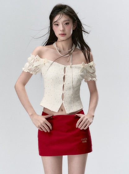 Pearl Mesh One-Shoulder Shirt