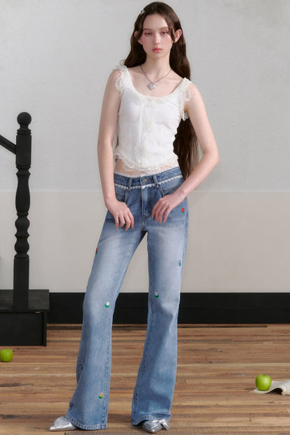 French Retro Embroidered Slim Jeans