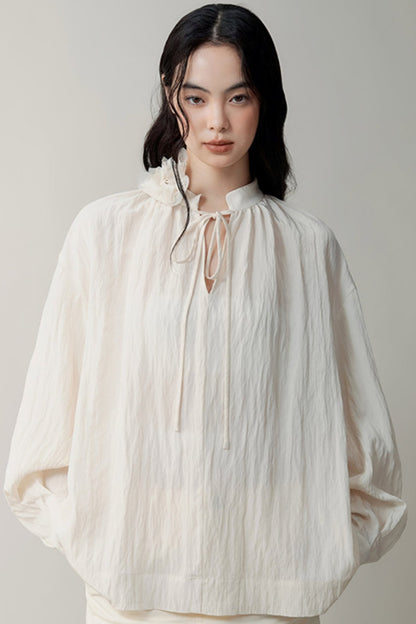 Genesis Yuan Dust Mist Rose New Chinese Stand Kragen Lace-up Shirt Premium Loose Slightly Pleated Long Sleeve Top Frauen