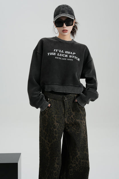 Alphabet Cropped Fleece Crew Neck Sweatshirt