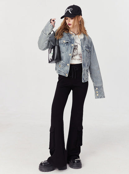 Round Neck Cropped Denim Jacket