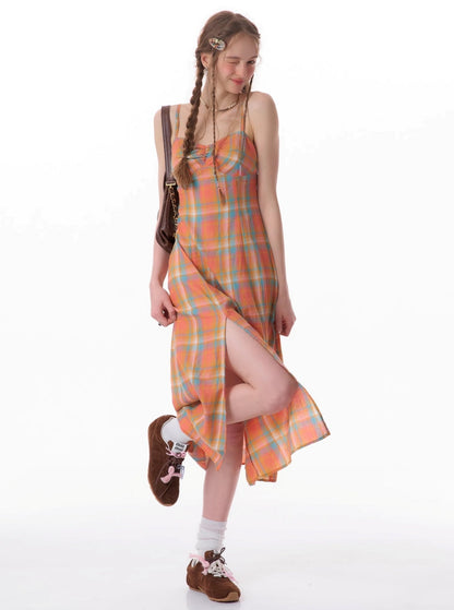 Orange Check Cinched Slip Dress