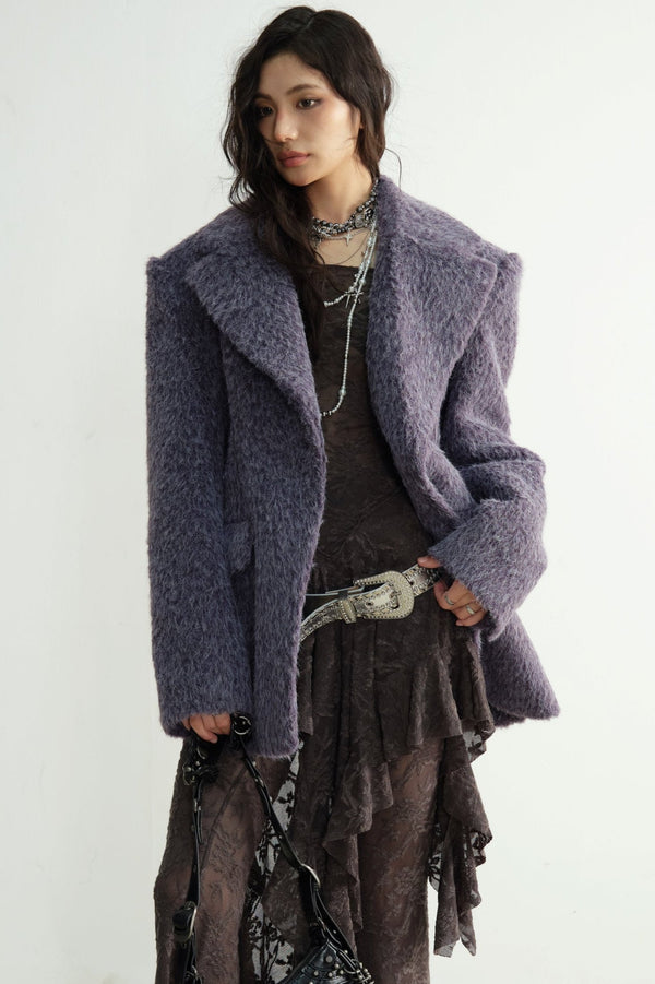 다크 그레이 트위드 와이드 숄더 블레이저 