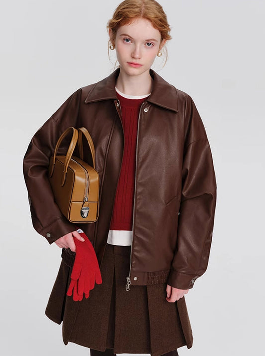 PU Brown Leather Coat