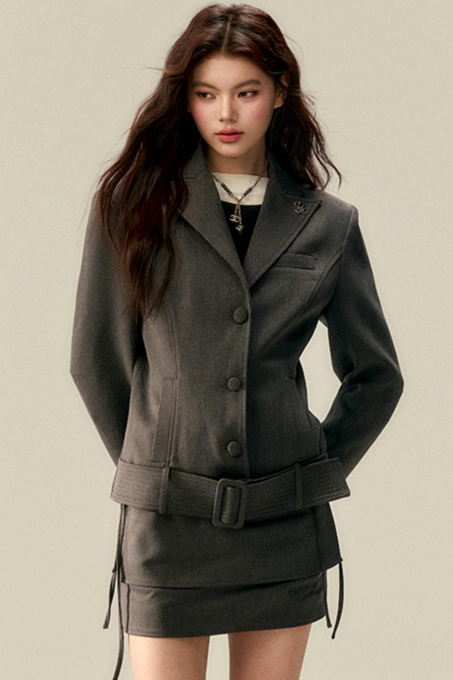 Wide Belt Cinched Denim Casual Jacket Set-Up