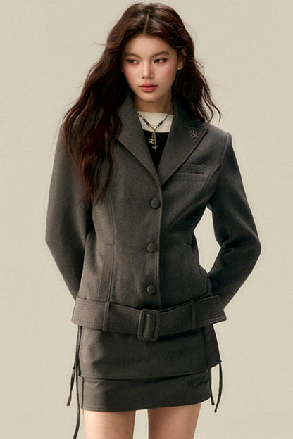 Wide Belt Cinched Denim Casual Jacket Set-Up