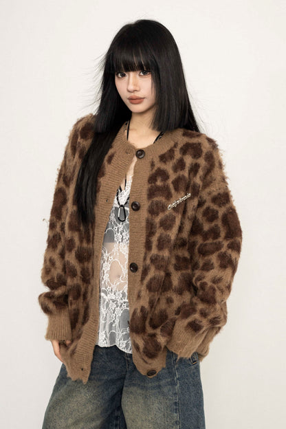 Loose Fit Leopard Print Knit Jacket