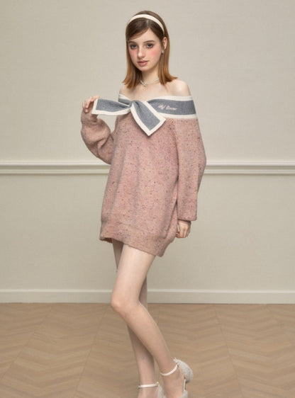 Retro bow one-shoulder loose sweater