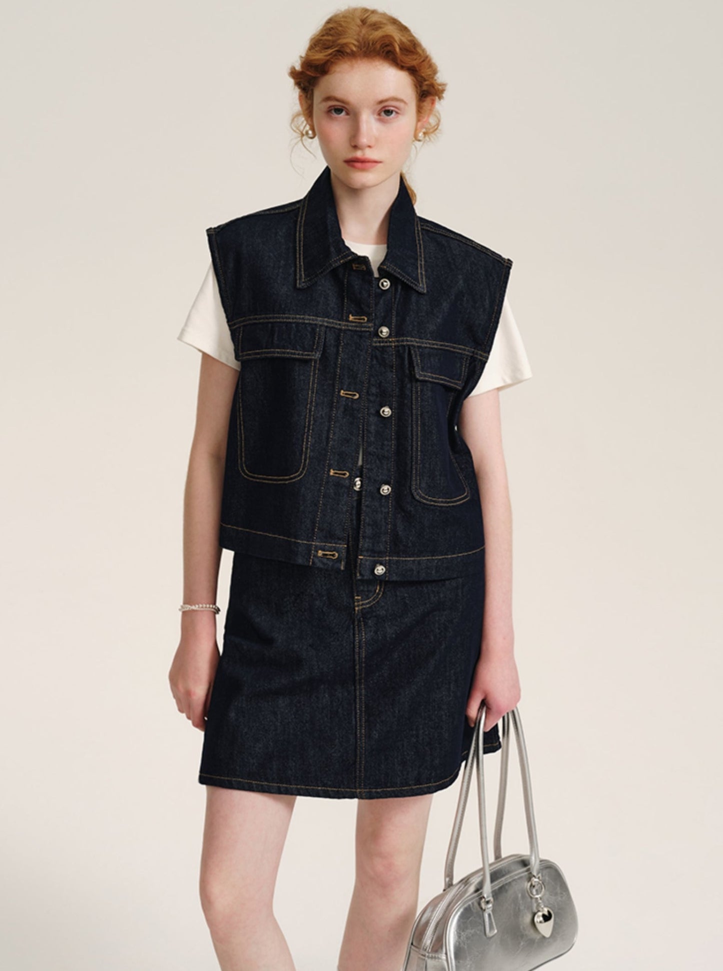 Contrast Stitch Denim Skirt Set