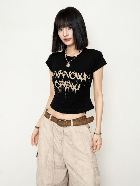 OCTTFLAB amerikanischen Retro-Stil einfachen Brief drucken kurze Top T-Shirt Frauen lässig und vielseitig schlank und trendy
