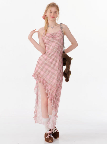 Pink Check Irregular Slip Dress