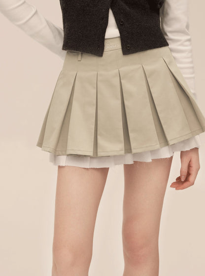 American Double Layer Contrast Pleated Skirt