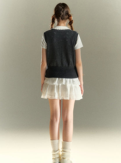 College Doll Neck Knitted Sweater Vest Top