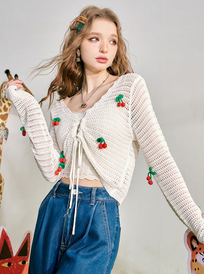 Cherry Crochet Cutout Knit Top