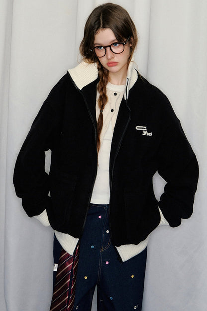 Preppy Fleece Stand-Up Collar Jacket