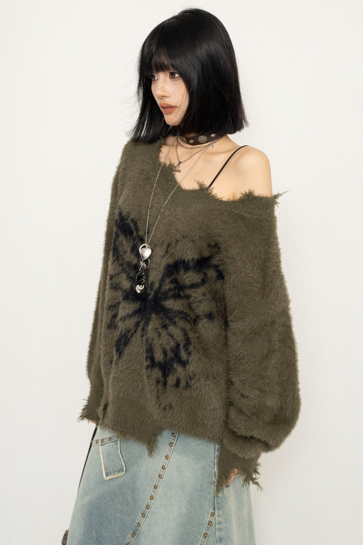 Frayed Sweater Butterfly Print Top