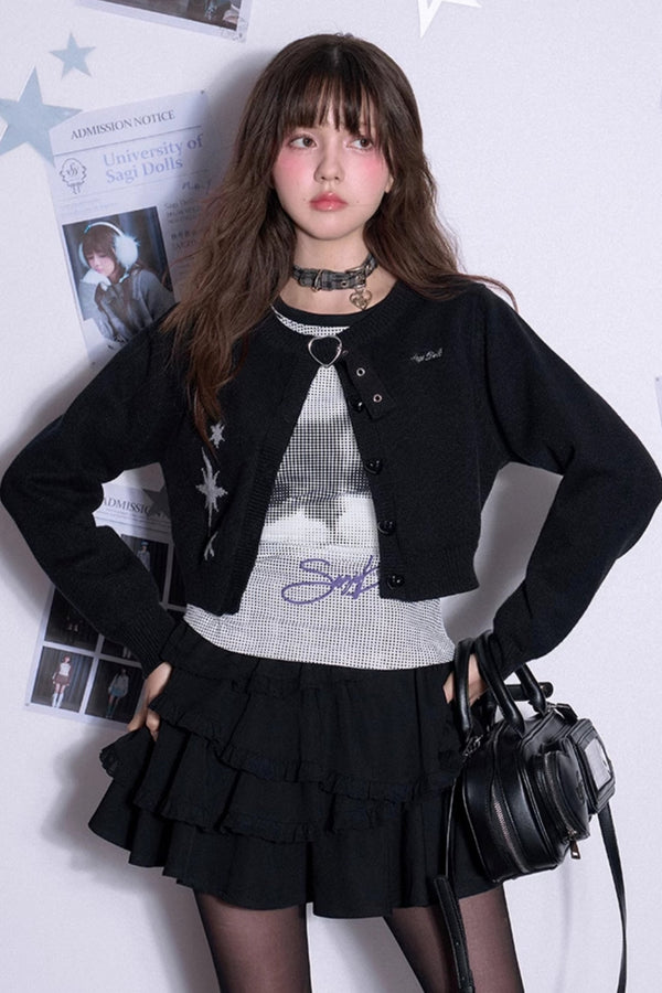 Black Heart Button Cropped Cardigan Sweater