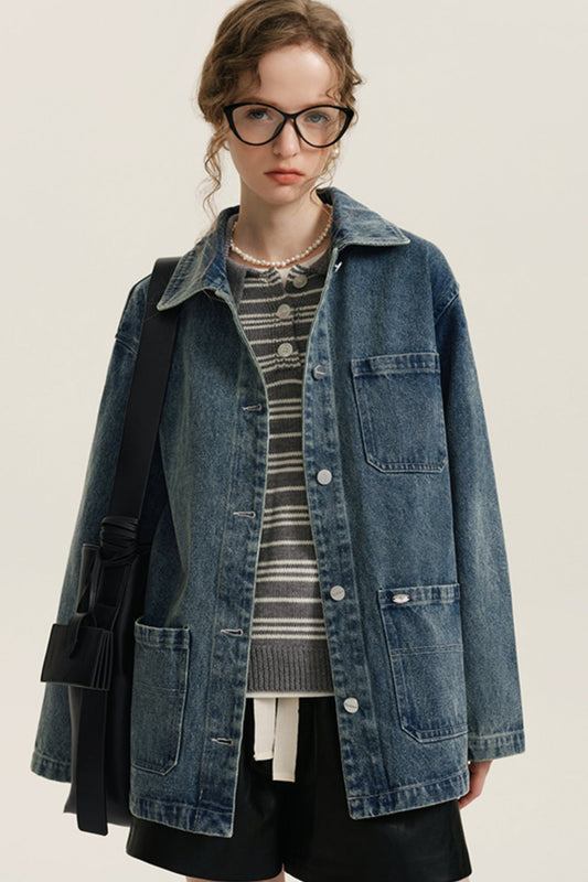 Vintage Washed Denim Cargo Coat