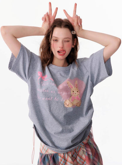 Drawstring Bunny Print T-Shirt