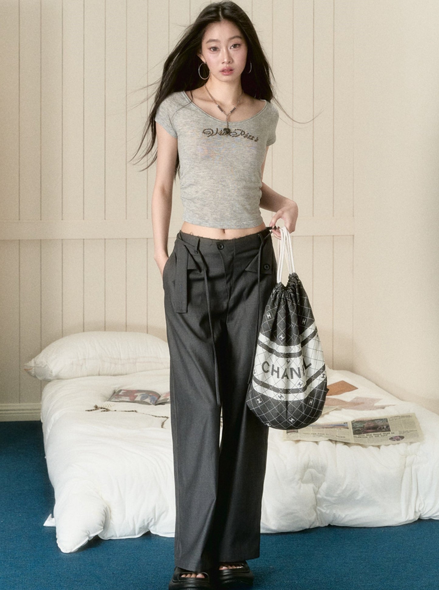 Turned-Up Gray Wide-Leg Pants