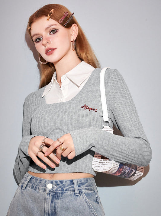 Fake Two-Piece College Knit Top