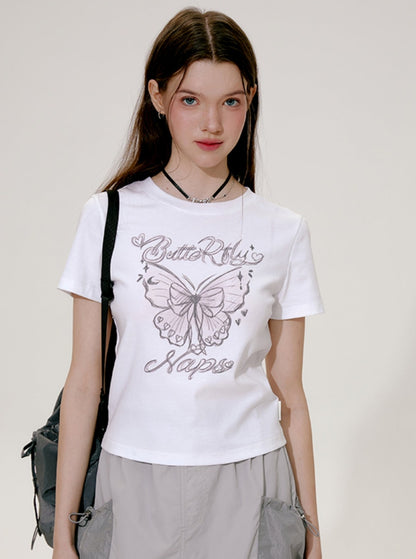 Original Hand Drawn Butterfly Print Short Top