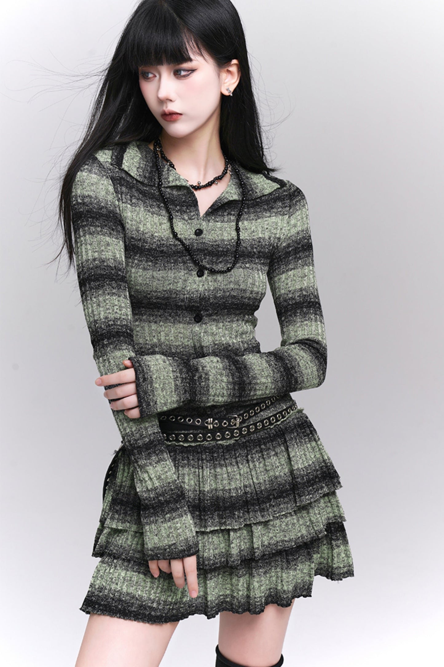 Early Autumn Thin Green Striped Knit Dress