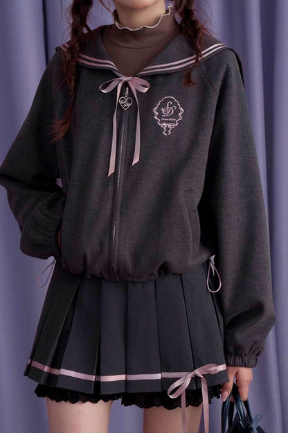 SagiDolls Girl's Fighting Spirit Sakurakai High School College Style Bow Sailor Collar Jacket Short Skirt Looks Thin and Thick