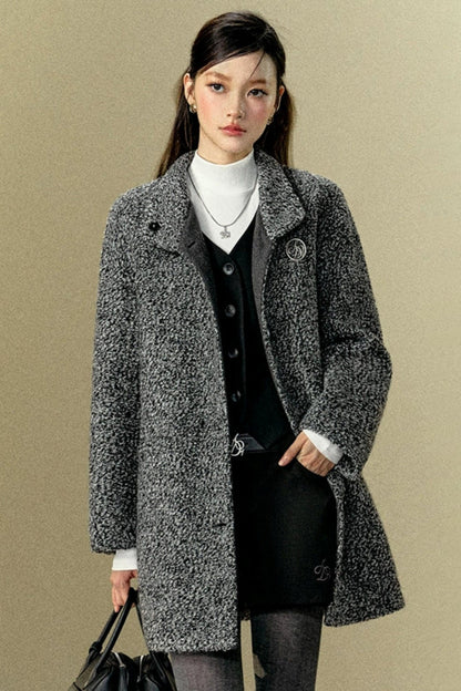 Mid-Length Woolen Stand-Collar Coat