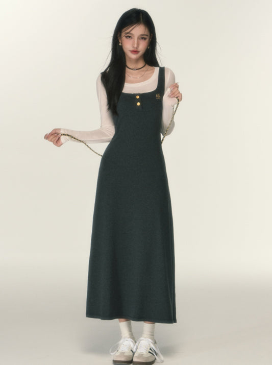 Logo embroidered knitted sleeveless long dress