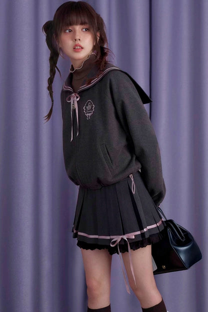 SagiDolls Girl's Fighting Spirit Sakurakai High School College Style Bow Sailor Collar Jacket Short Skirt Looks Thin and Thick