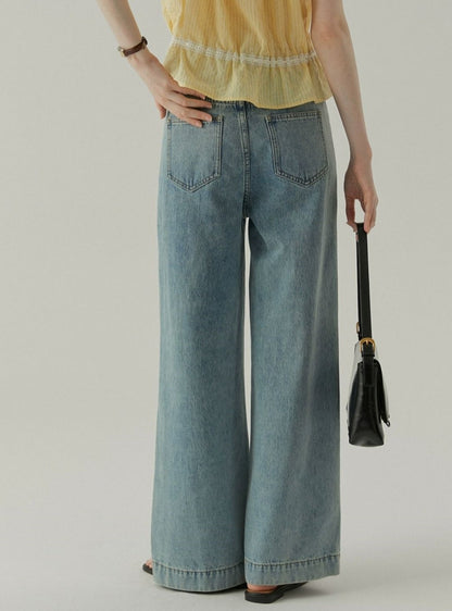 Retro Embroidered Blue Wide-Leg Pants