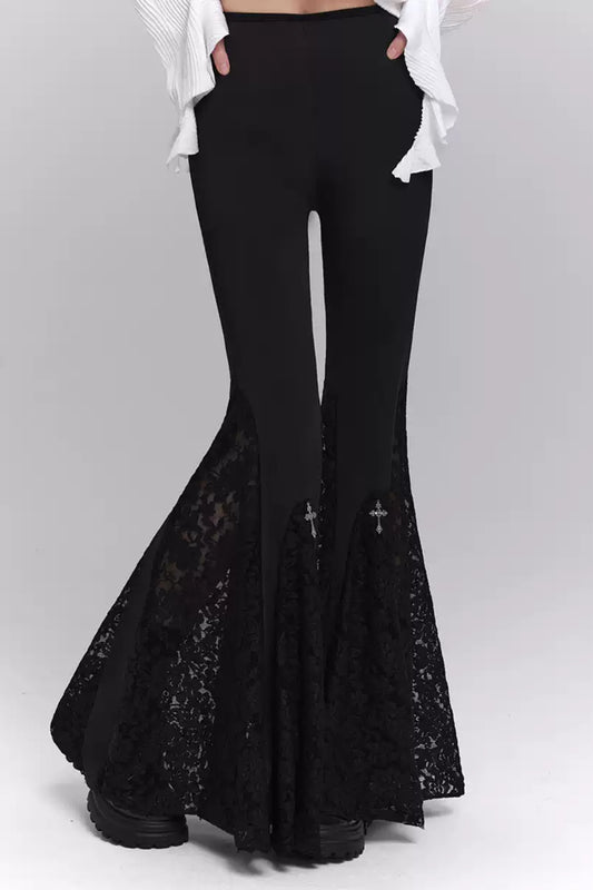 Ghost Girl, Dark Gothic Style, Schwarze Cross Bell Bottoms für Frauen, hohe Taille, dünn, leicht ausgestellt