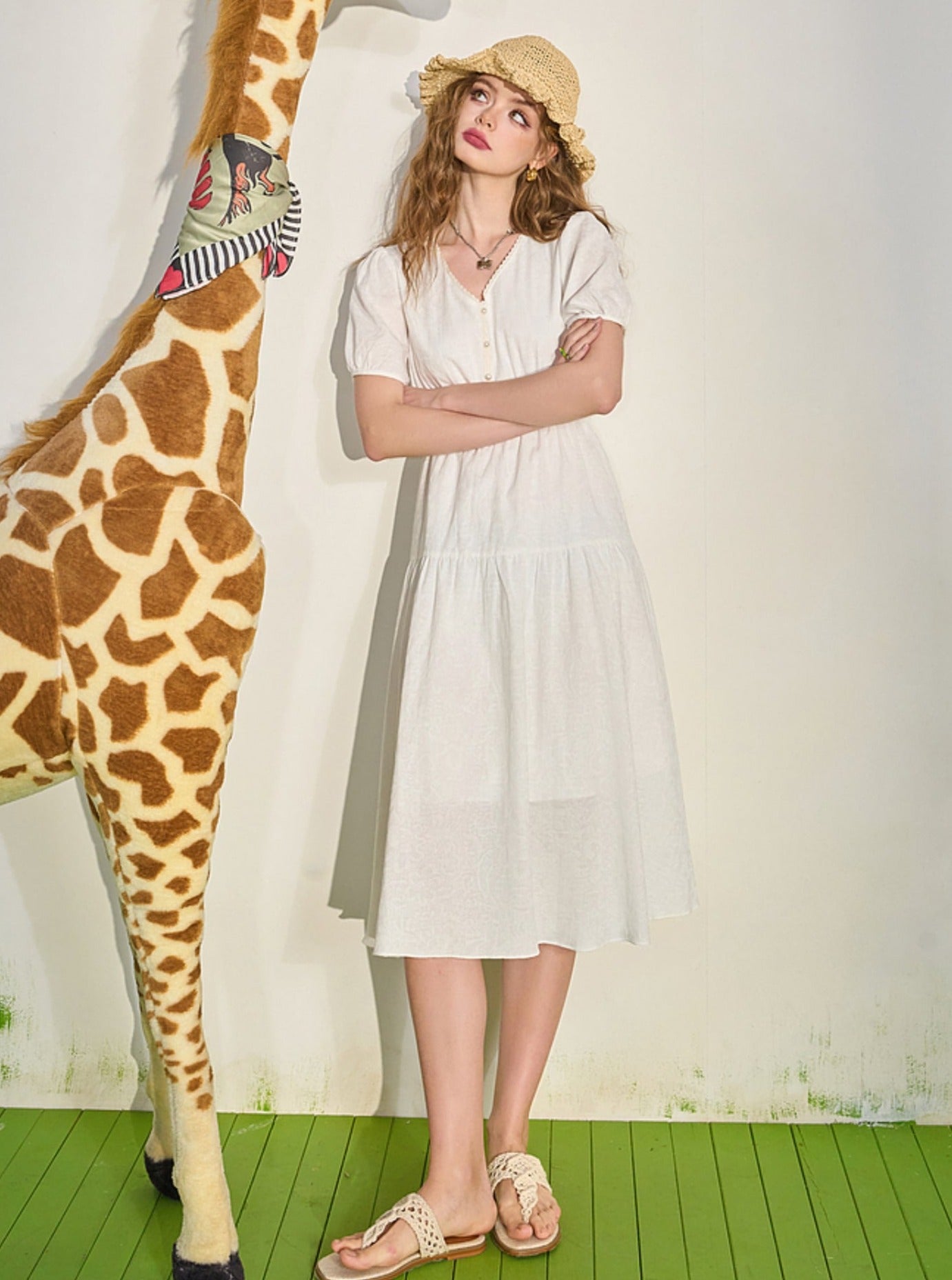 French Drape White Short Sleeve Dress