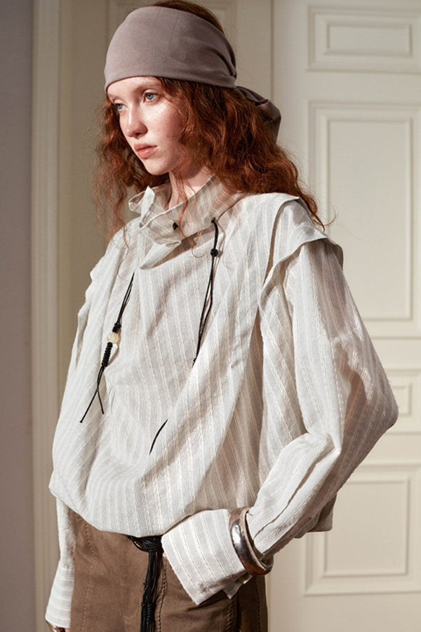 프리미엄 비즈 장식의 모조 리넨 셔츠 