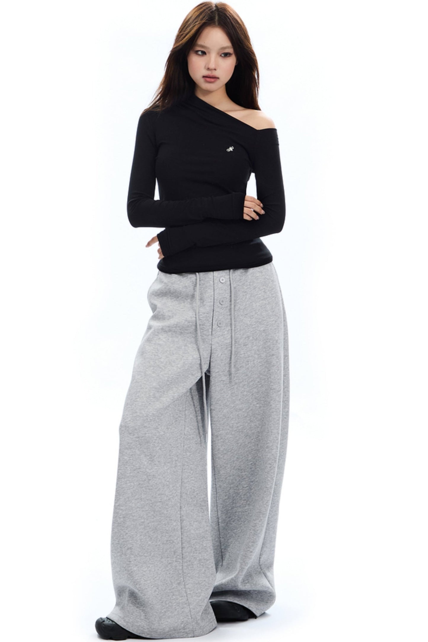 APEA American Retro Fake Placket Black Grey Straight Leg Sweatpants Women's Elasticated Waist Drawstring Loose Wide Leg Casual Pants