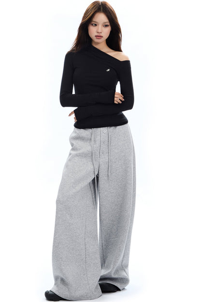 APEA American Retro Fake Placket Black Grey Straight Leg Sweatpants Women's Elasticated Waist Drawstring Loose Wide Leg Casual Pants