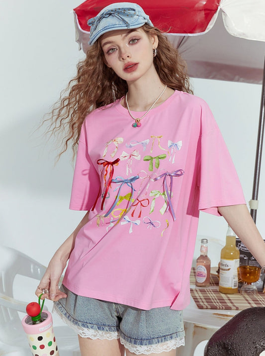 Pocket Bow Ribbon Print T-shirt