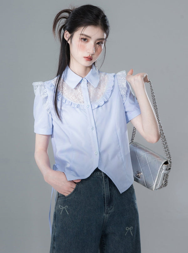 Lace Panel Short-Sleeved Shirt