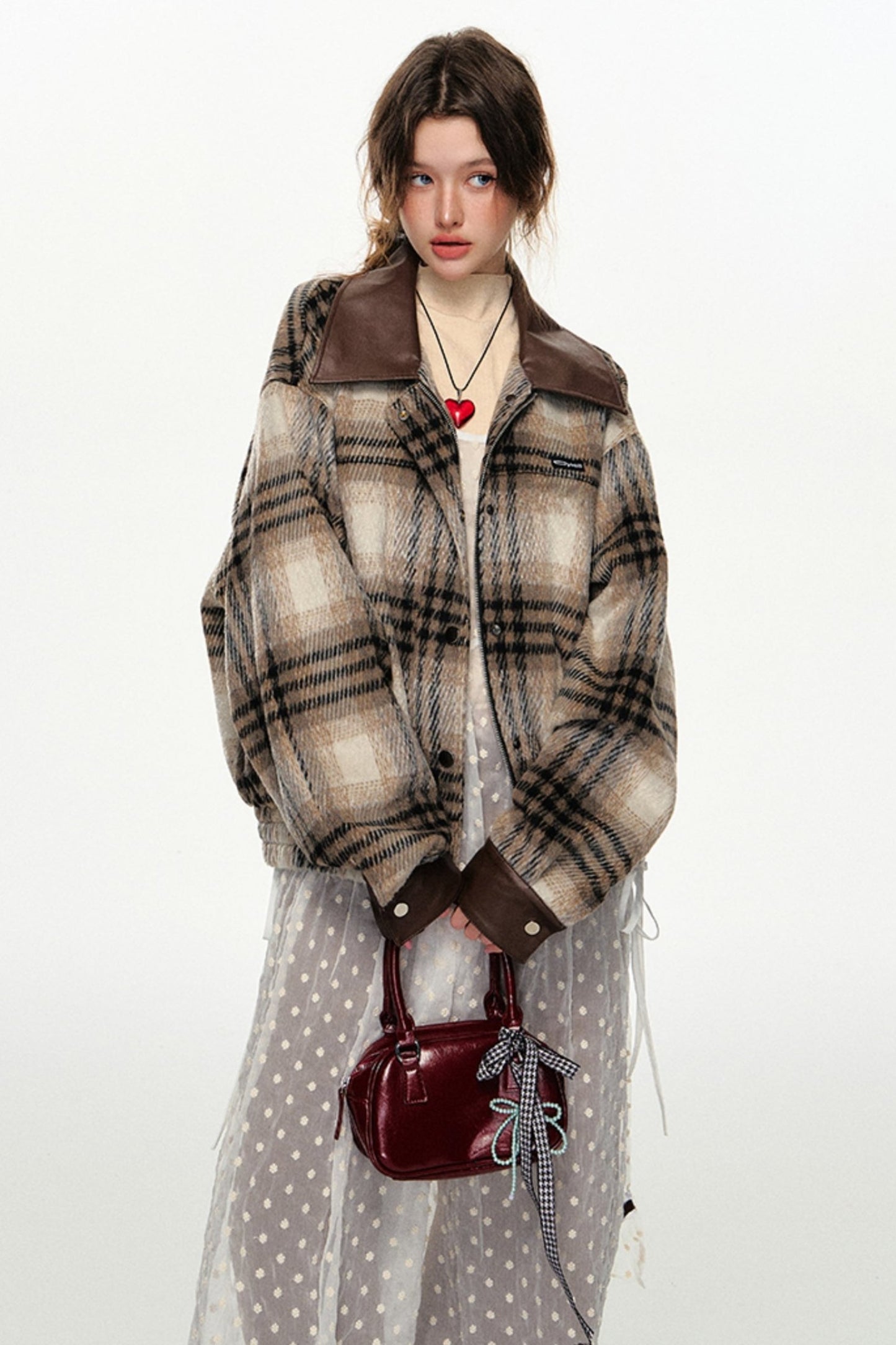 CyNi American Plaid Woolen Jacket Top, Wolle Tweed Revers, Herbst weiblich braun Temperament, Senior Short O