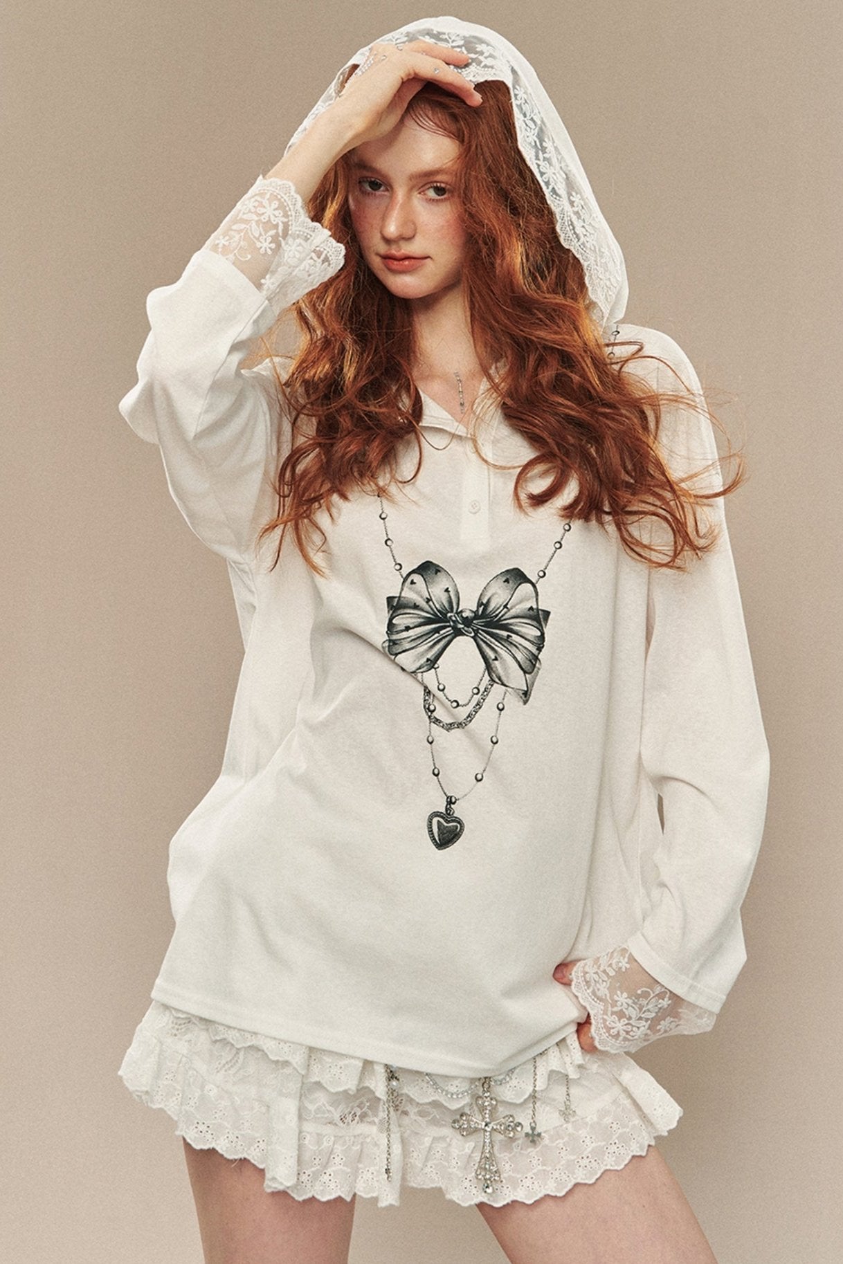 Lace Spliced Hooded Sweatshirt