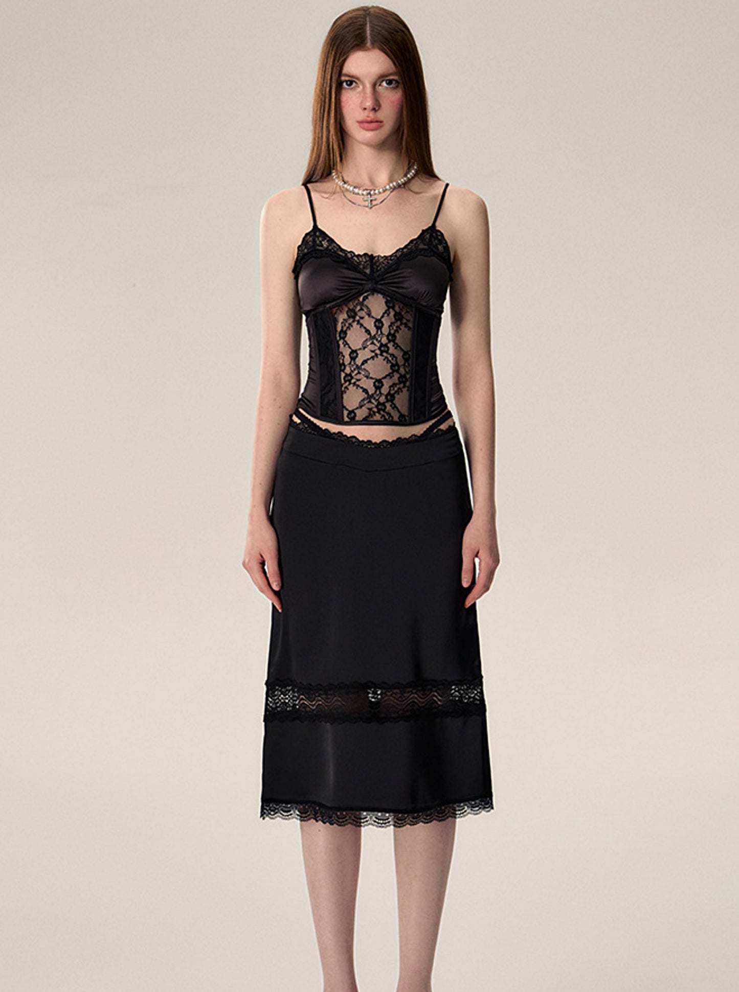 Waist Cutout Lace Stitched Skirt