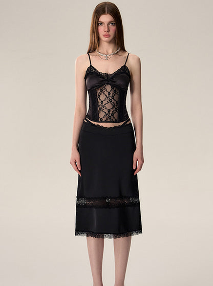 Waist Cutout Lace Stitched Skirt