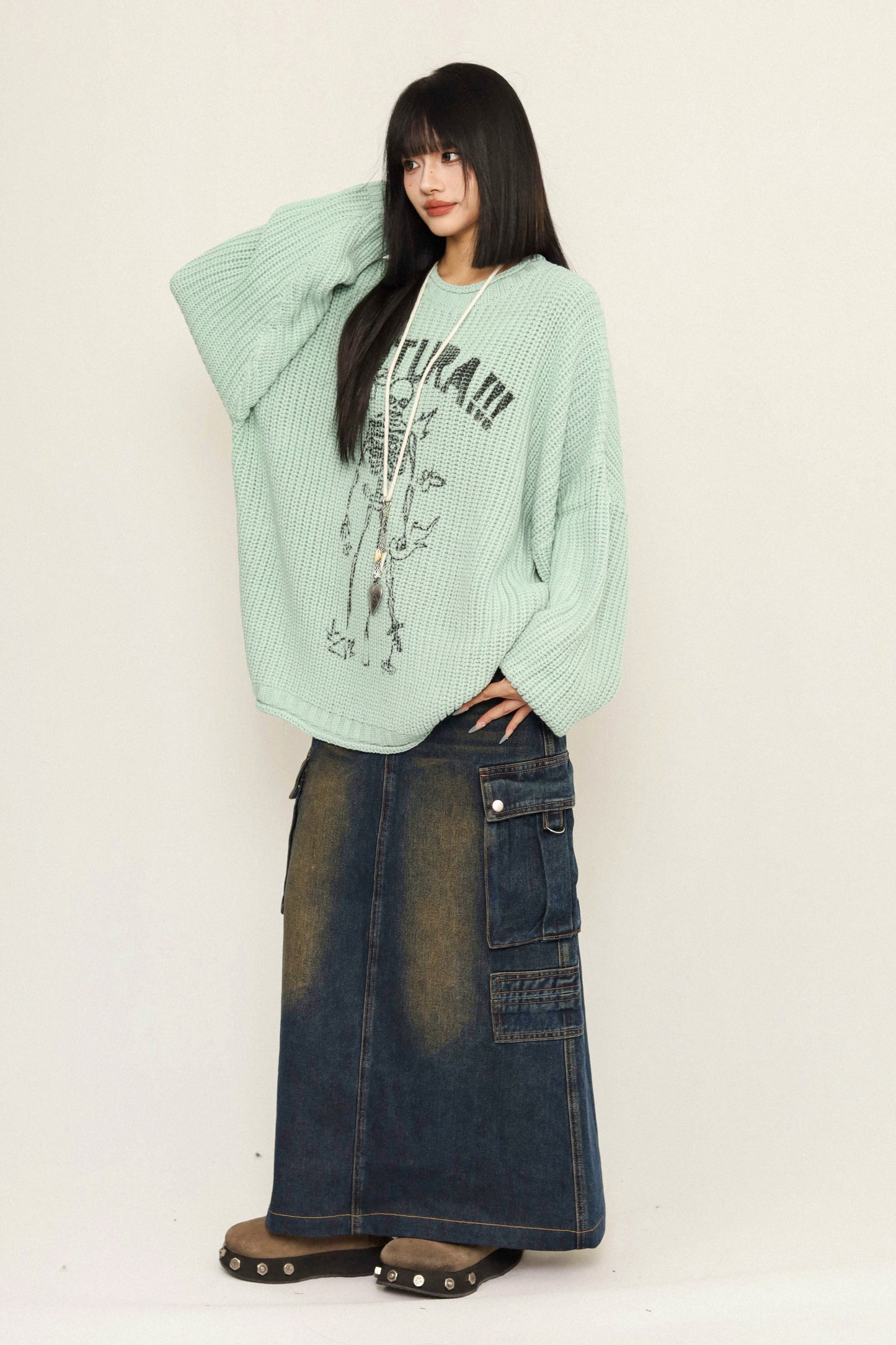 Fall Retro Style Denim Long Skirt