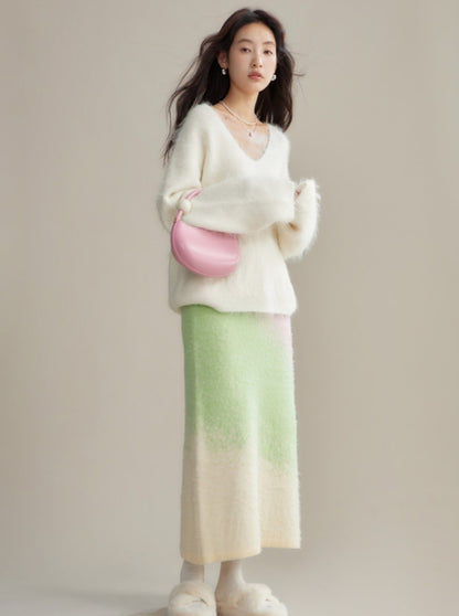 gradient knit long skirt two-piece set