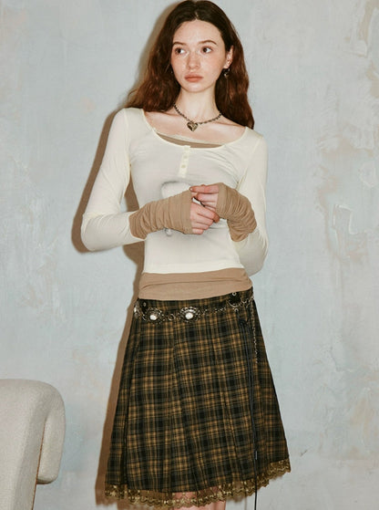 Vintage Elegant Lace Panelled Plaid Skirt