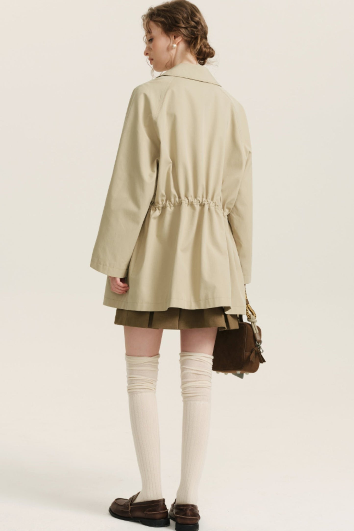 Khaki Midi Drawstring Trench Coat