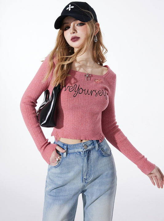 Pink Letter Embroidery Knit Sweater Top
